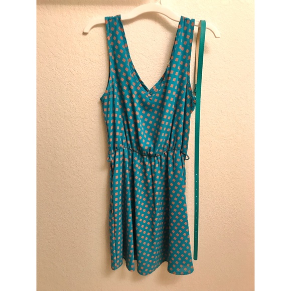 Sleeveless, Teal & Peach, Square Patterned Dress with Detachable Belt - Size S - Picture 2 of 7